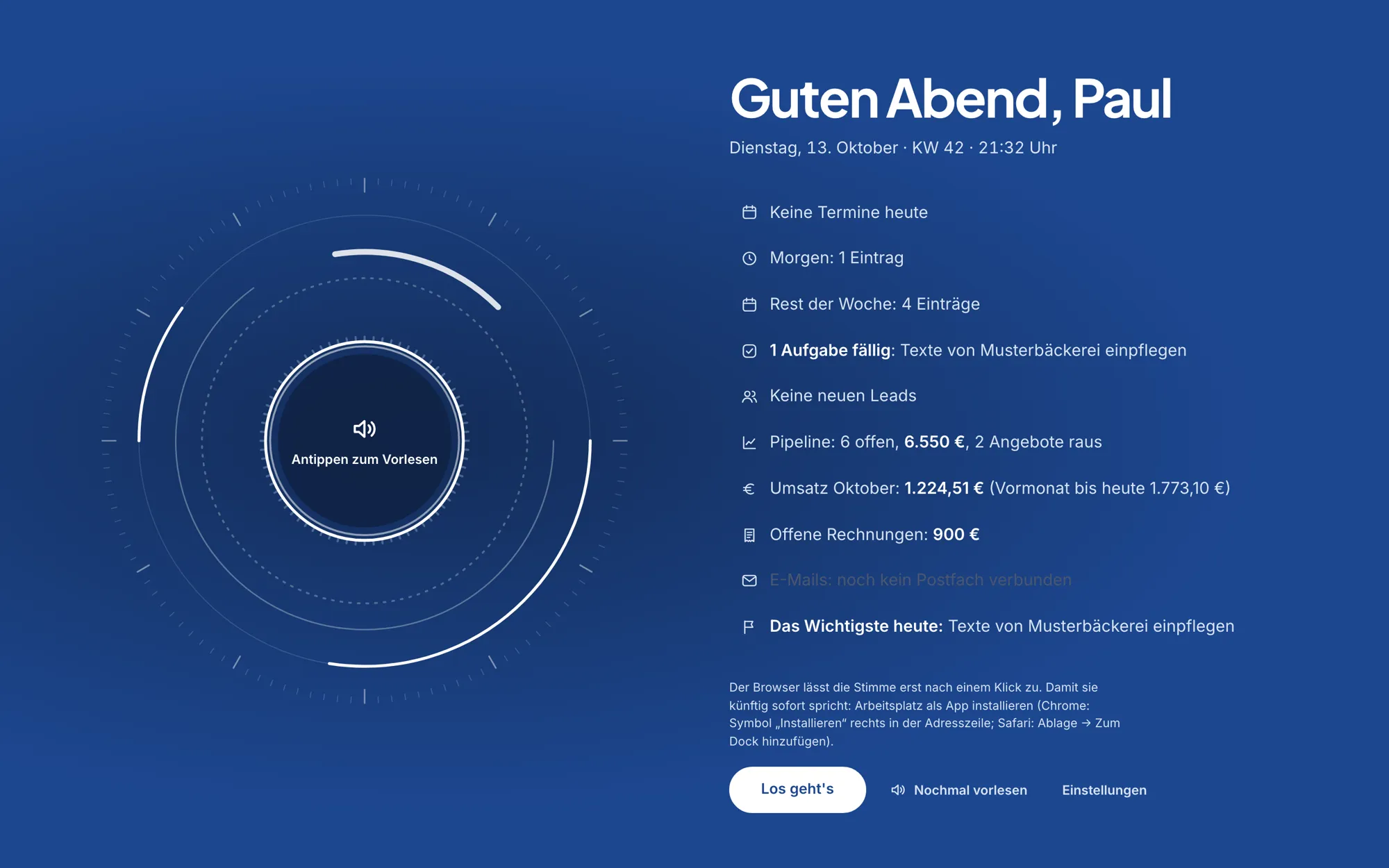 Arbeitsplatz von Manera Socials, Bereich Tagesüberblick (Beispieldaten)