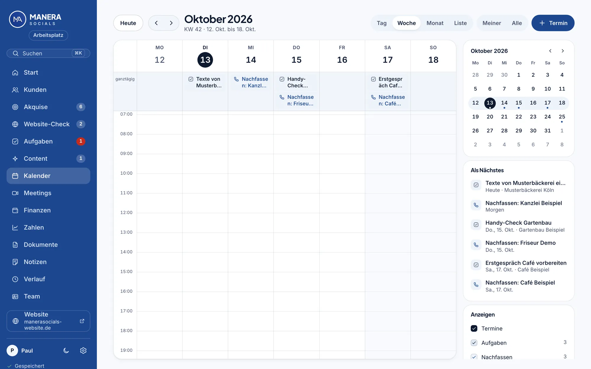 Arbeitsplatz von Manera Socials, Bereich Kalender (Beispieldaten)