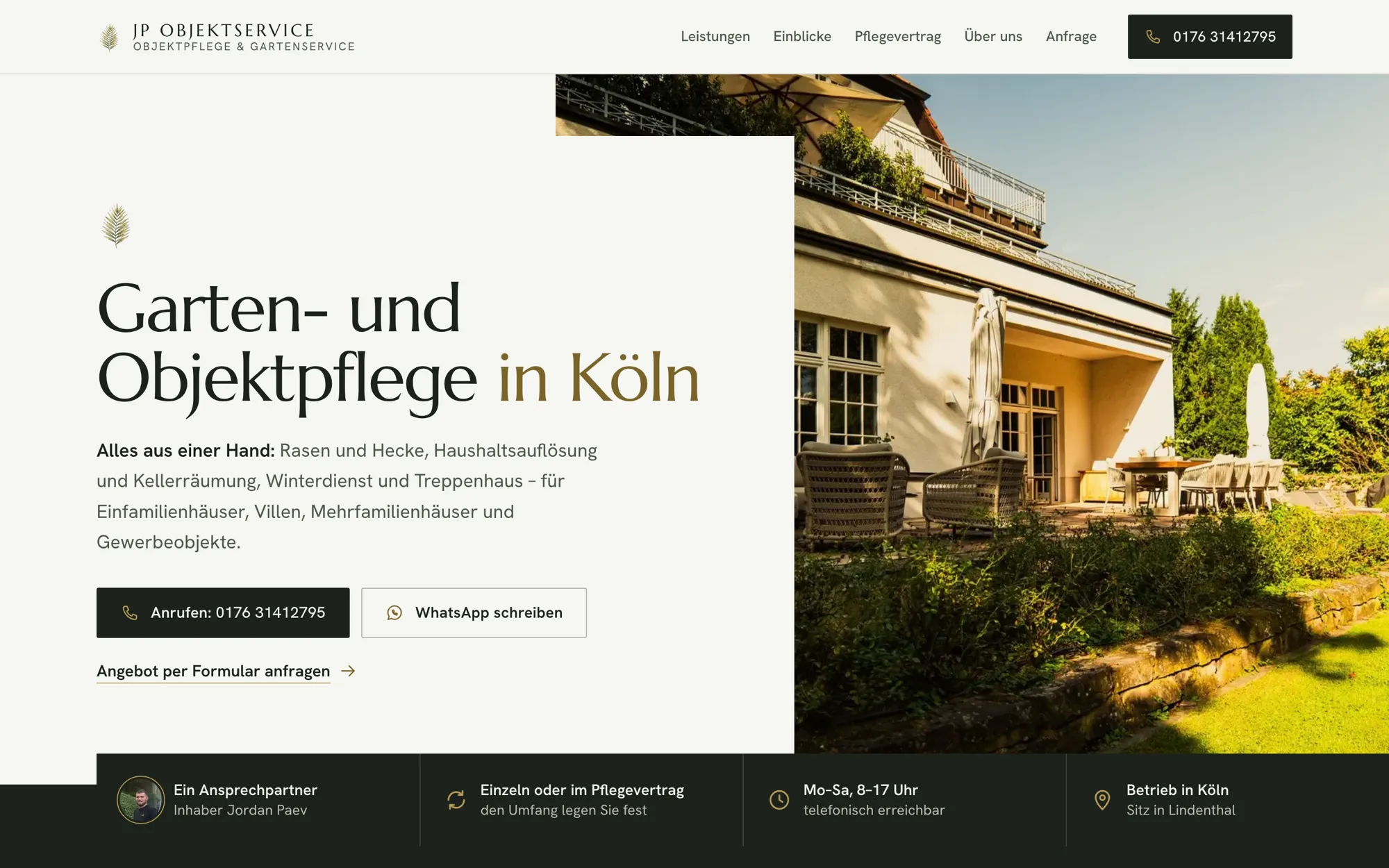 Startseite von JP Objektpflege & Gartenservice aus Köln: Überschrift „Garten- und Objektpflege in Köln“, Telefon-Button und Foto einer gepflegten Villa mit Garten
